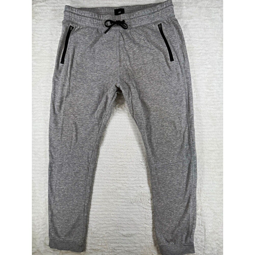 H&M Men’s Gray Fleece Jogger Pants L Drawstring Waist Tapered Zip Pockets